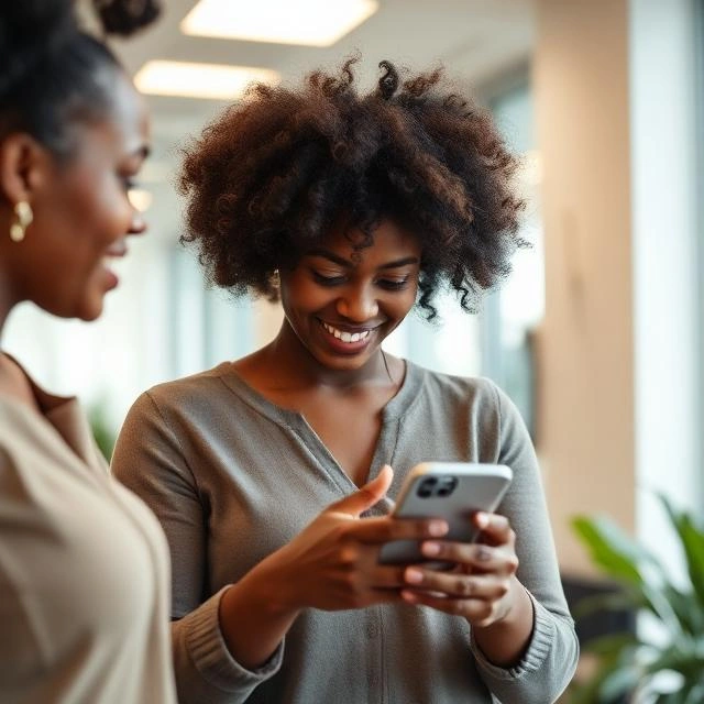 Two women smiling while looking at a smartphone together